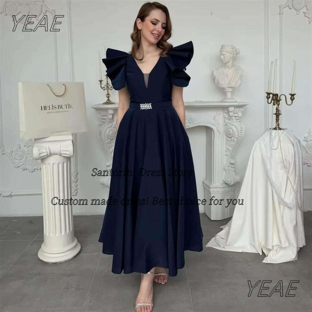 Santorini Elegant Party Dress 2026 V Neck Beaded Sash Prom Dresses Ruched Ankle Length Wedding Party Evening Gowns Customized