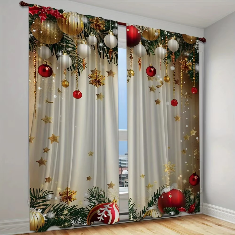 Merry Christmas, Christmas Golden Balloon Snowflake Festive Curtain 2 Panels Deluxe Living Room Bedroom Kids Room Windows Decor