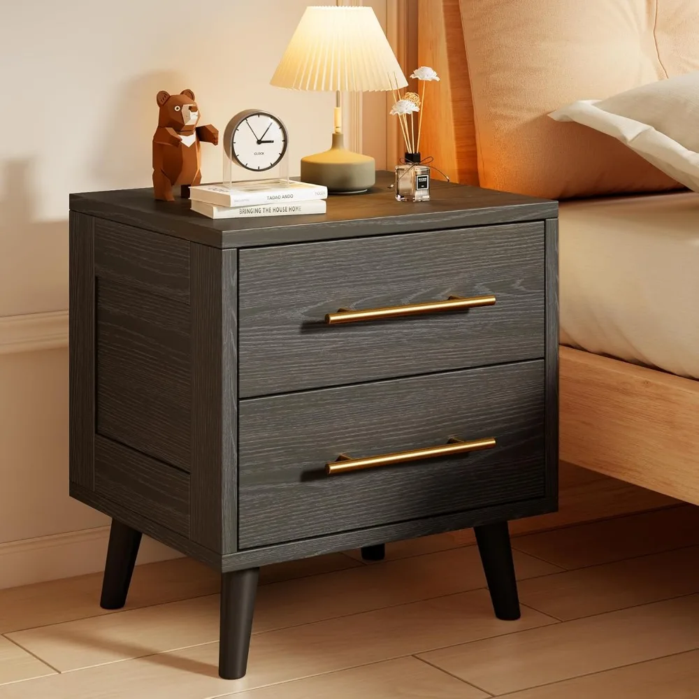 

Bedside Table With Metal Handles Bedroom Furniture Black Modern Wood Night Stand 2 Drawer Dresser for Bedroom Home