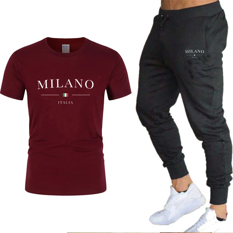 2023 Men\'s Milano Letters Print T-shirt Pant Set Short Sleeved Tees+Sweatpants Suit Pure Cotton Soft Tops Trousers Streetwear