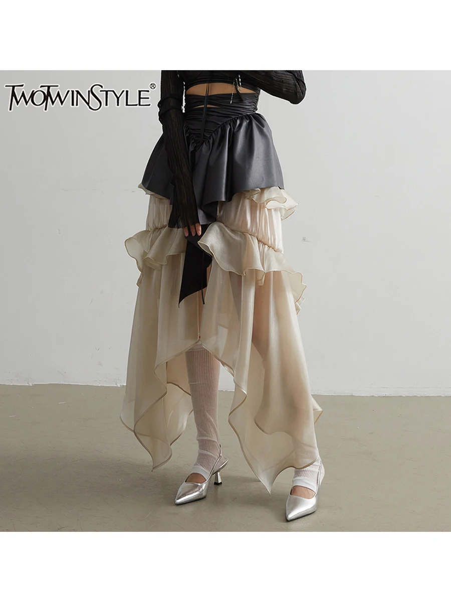 TWOTWINSTYLE Solid Patchwork Ruffles Designer Skirts For Women High Waist Irregular Hem Streetwear Skirt Female Fashion Style