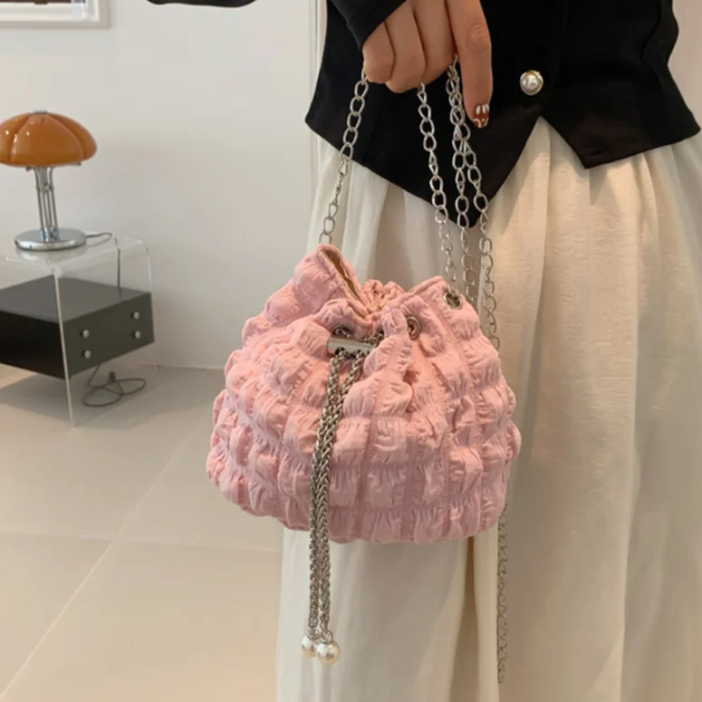 Chain Drawstring Bucket Bag INS Designer Luxury Sling Satchel Bag French Bubble Fashion Handbags Women Solid Color Crossbody Bag