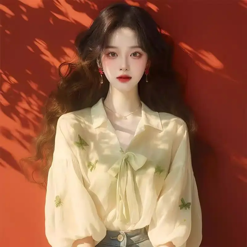 Green Printed Sunscreen Chiffon Shirt Autumn New Women's Sweet Princess Style Unique Top