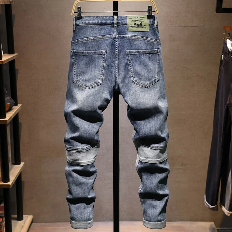 High Street กางเกงยีนส์แฟชั่นผู้ชาย Retro Blue ยืด Slim Fit Ripped กางเกงยีนส์ผู้ชายหลายกระเป๋า Hip Hop Y2K Denim Cargo กางเกง Hombre