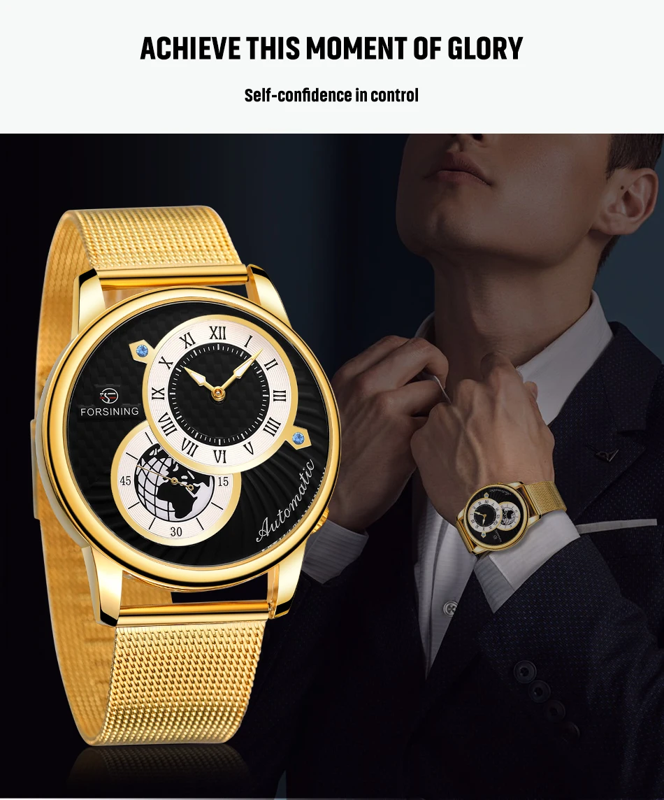 Forsining Men Automatic Mechanical Watches Fashion Two Dial Display 30M Waterproof Earth Image Design Mesh Strap Relogio Clocks