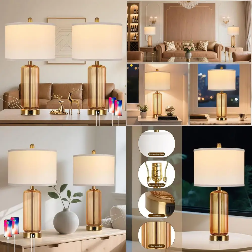

Pair of 27 Modern Touch-Controlled 3-Way Dimmable Glass Bedside Lamps with USB Ports, Brown