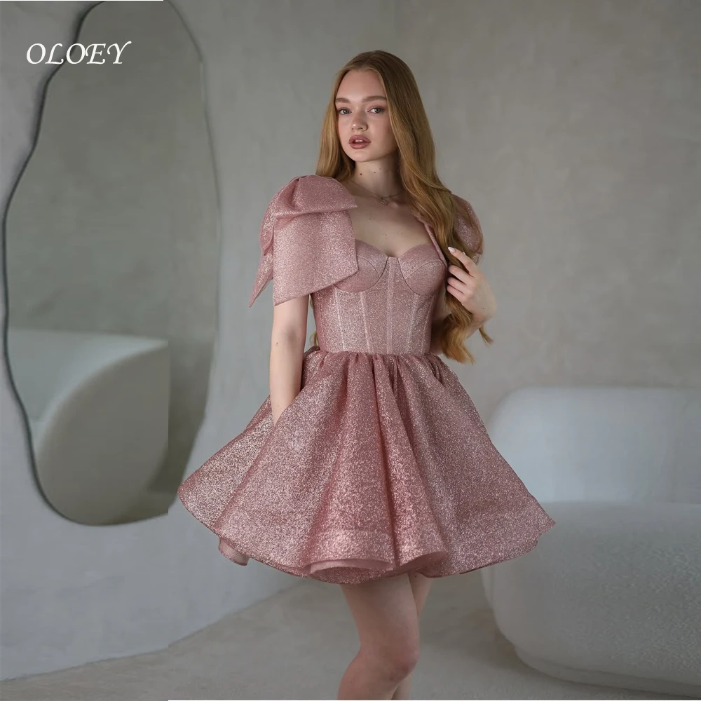 

OLOEY Customized Glitter Corset Prom Dress for Women Sweetheart Pink Homecoming Party Gown with Bow Mini Short Wedding Brides