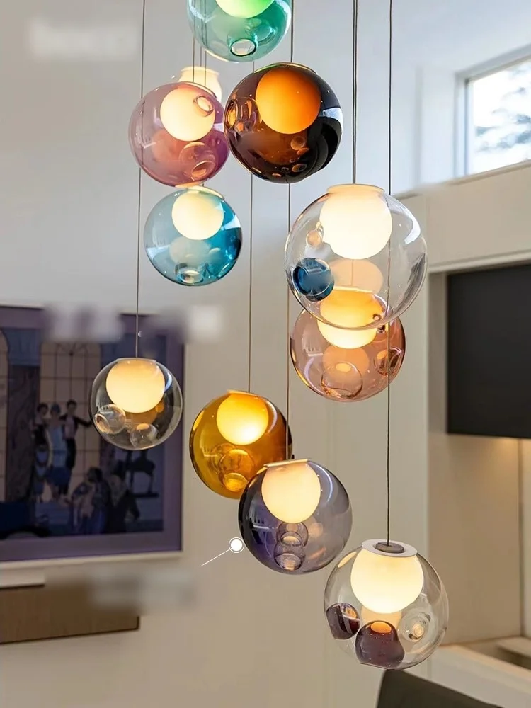 

Canadian Design Color Glass Ball Living Room Villa Bar Counter Creative Restaurant Duplex Staircase Pendant Light