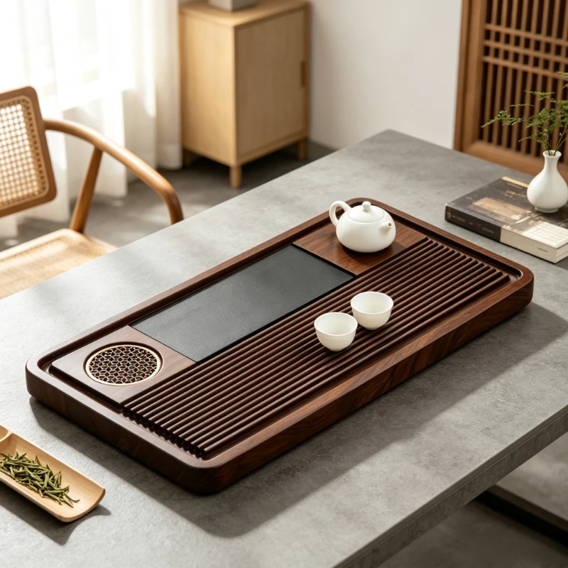60x32cm Solid Wood Tea Tray Walnut Color Drainage Dry Brewing Board for Home Office Gongfu Tea Set Serving Table Decor 원목 차판