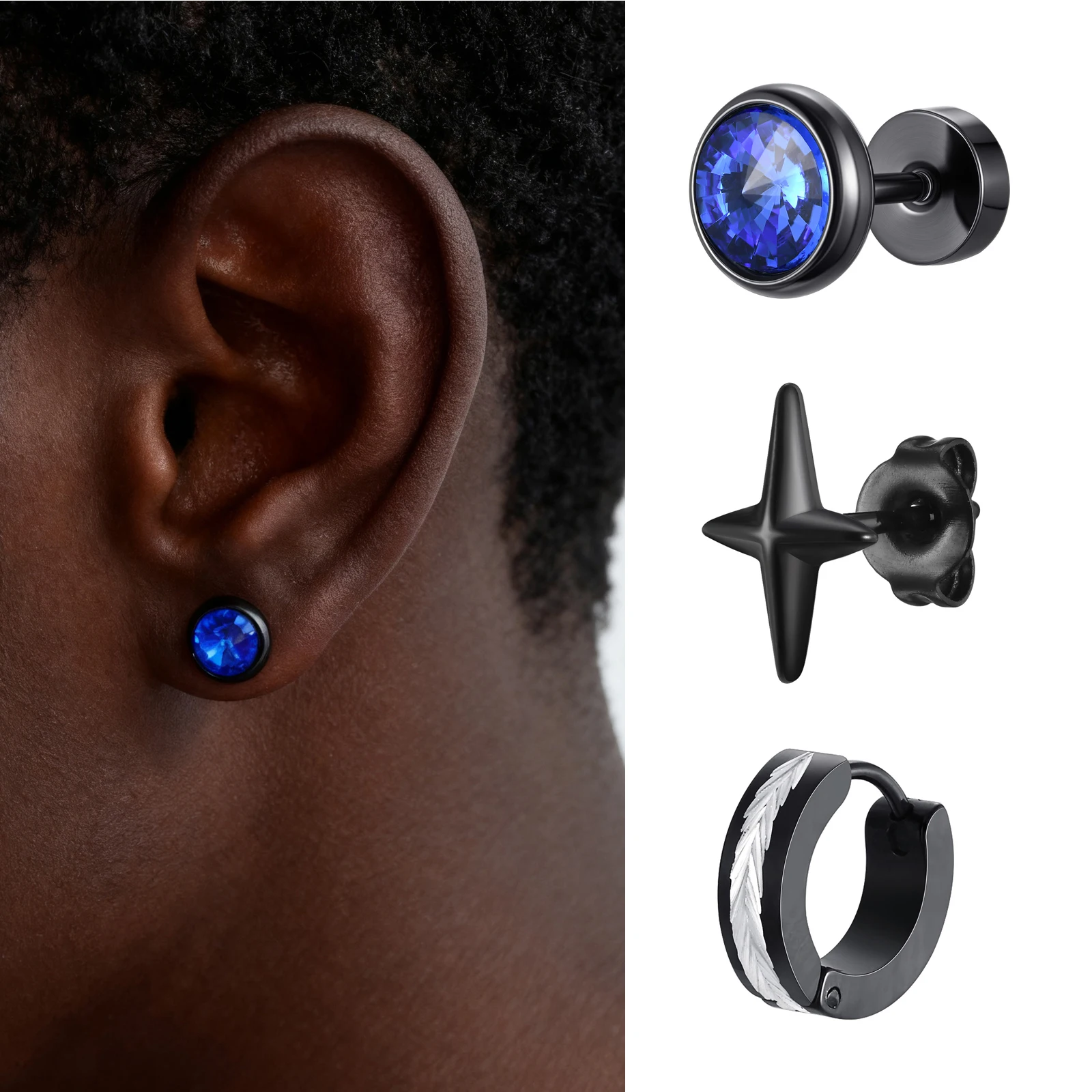 

3pcs Men's Stud Earrings,Anti Allergy Stainless Steel Huggies Hoop Earrings,Minimalist Perforated Earrings with Ear Holes