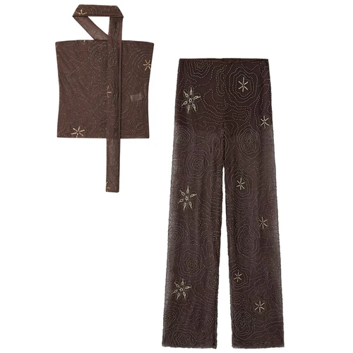 Imagen 2 del producto HXAO-Conjunto de pantalones con cuentas de malla para mujer, traje de verano de tul recortado sin tirantes, chaleco Halter, trajes elegantes de cintura alta, conjuntos de pantalones largos