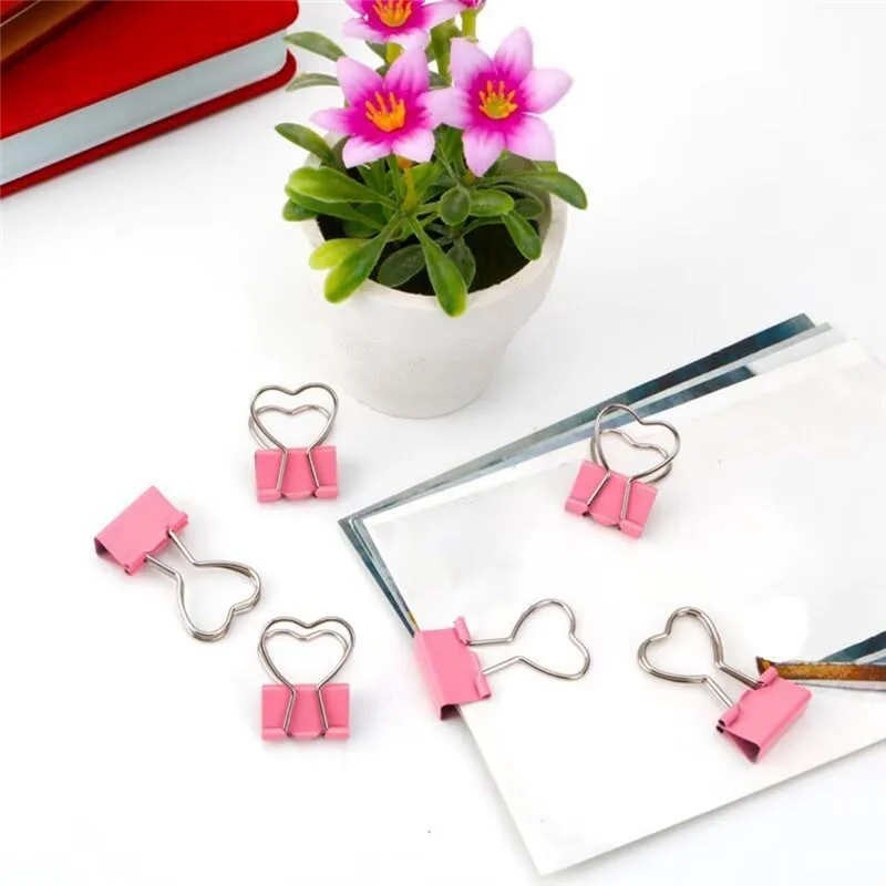 60PSC Heart Shape Metal Binder Clips With Heart Shaped Handle, Heart Hollow Out Pink