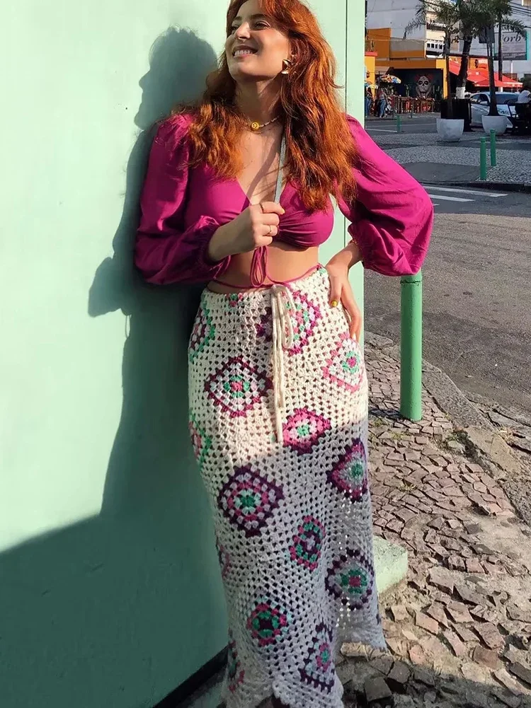 Gypsylady Vintage Boho Crochet Midi Skirts Handmade White Drawstring Waist Summer Women Skirts Sexy Chic Ladies Beachwear Faldas