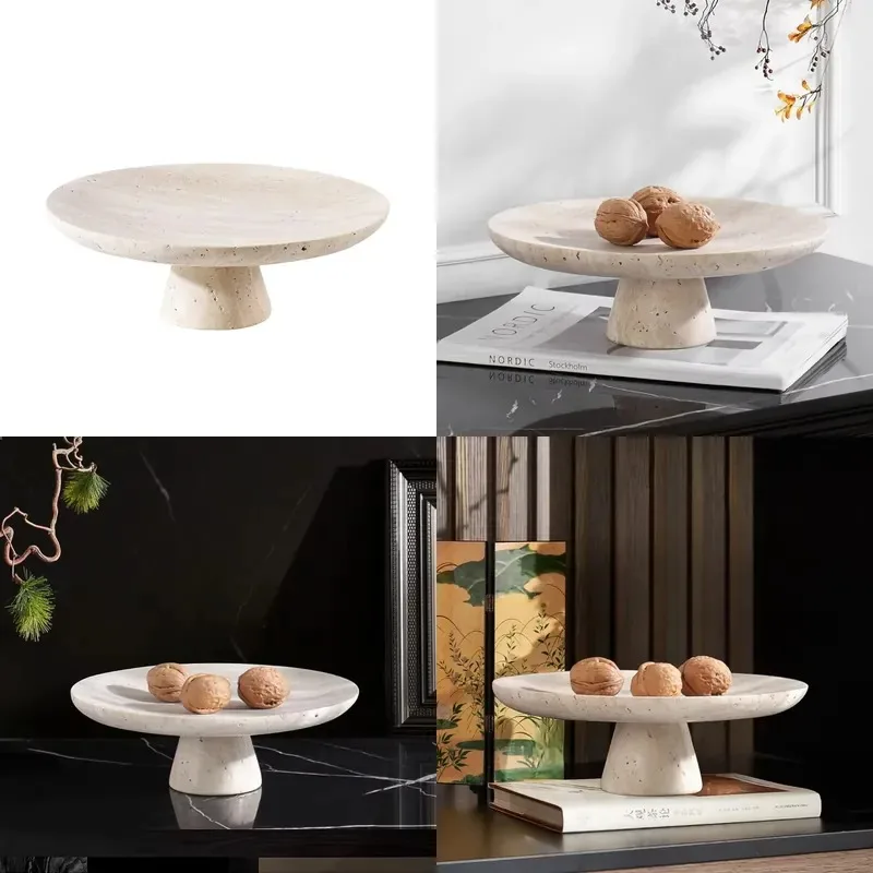 Natural Yellow Polished Travertine Marble High Footed Tray Modern Eco Friendly  Style Fruit Plate for Living Room
