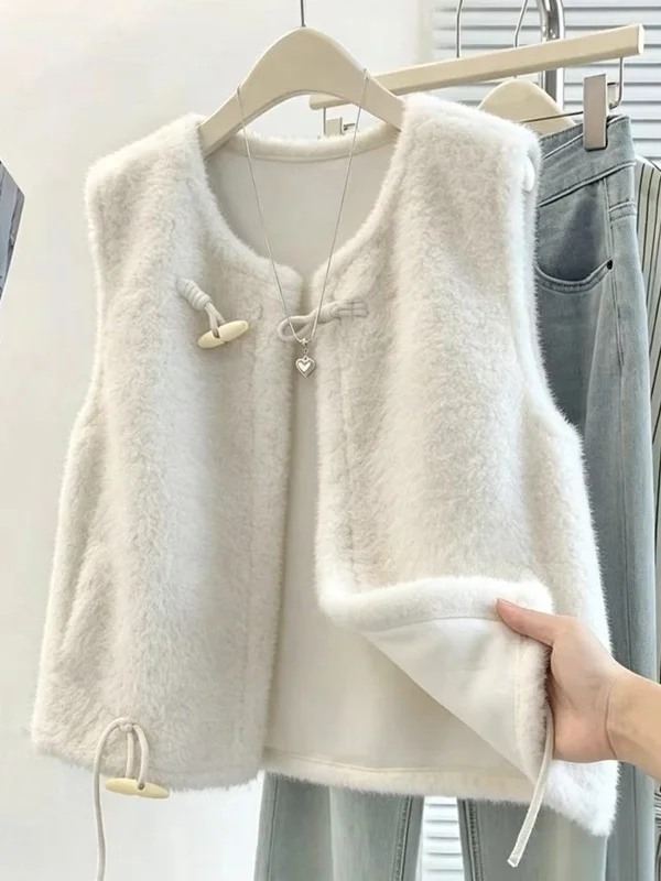 Korean Style Women's Vest Belted Faux Fur Button up Layering Ageless Gentle Sensation High End Feeling Hair Roll Shoulder