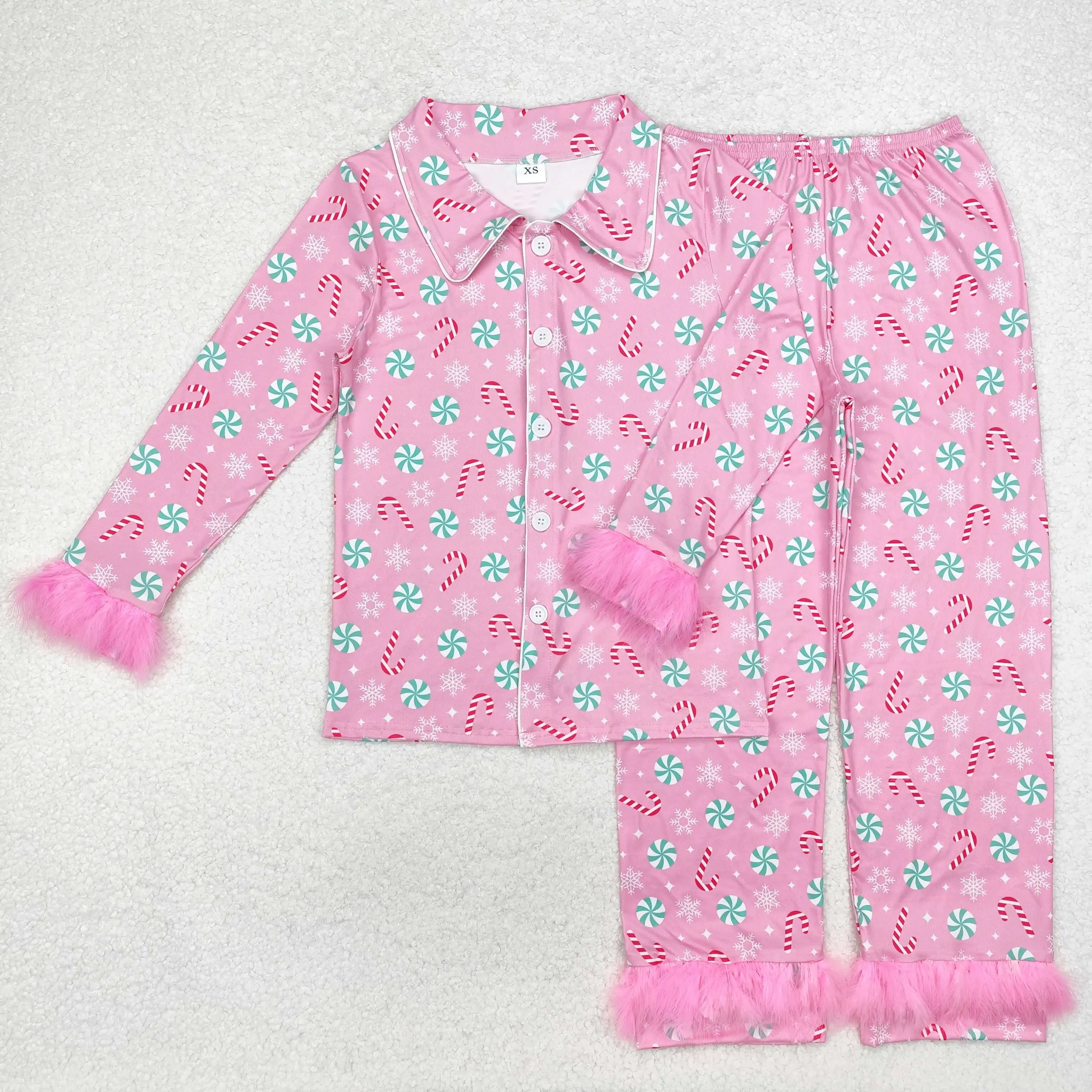 GLP2028 Adult Woman Autumn Outfit Sets Long Sleeves Cane Snowflake Pink Plush Edge Print With Trousers Children Clothes Rts