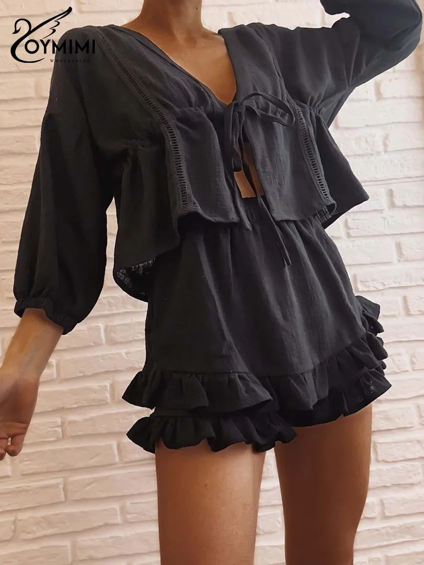 

Oymimi Fashion Black Cotton Two Piece Set For Women Elegant Three Quarter Sleeve Lace-Up Tops And High Waist Ruffled Shorts Sets