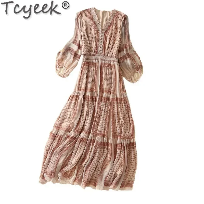 Tcyeek 100% Real Mulberry Silk Maxi Dresses for Women 2024 Party Dress Chic and Elegant Woman Dress Summer Clothes Vestido Mujer