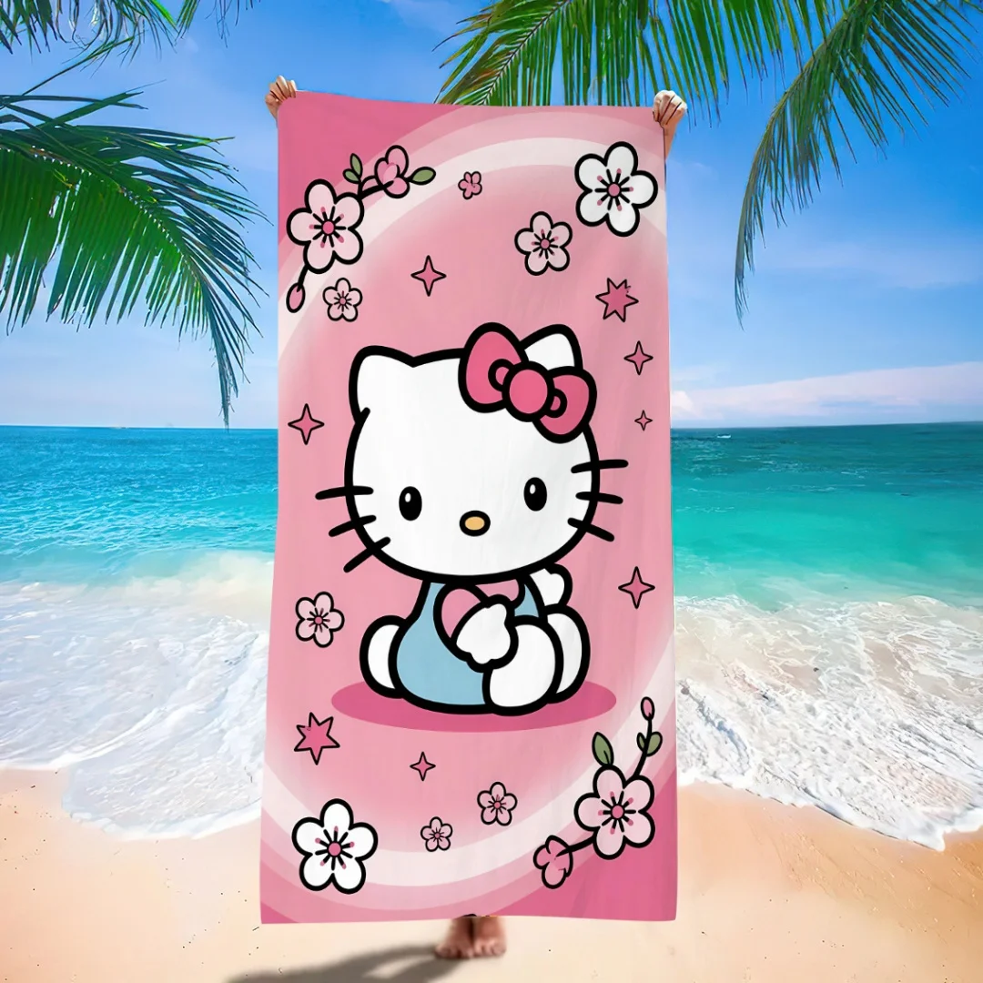 

Cute Cartoon Cat Cherry Blossom Print Beach Towel Soft And Absorbent Quick Dry Towel For Beach Pool And Bath