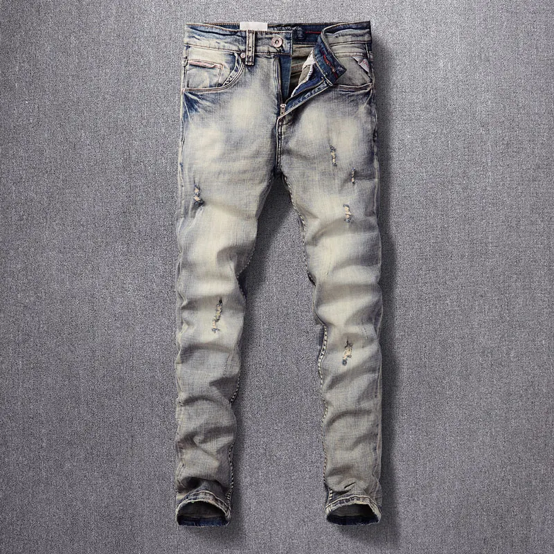 

Italian Style Fashion Men Jeans Retro Washed Blue Stretch Slim Fit Ripped Jeans Men Frayed Designer Vintage Denim Pants Hombre