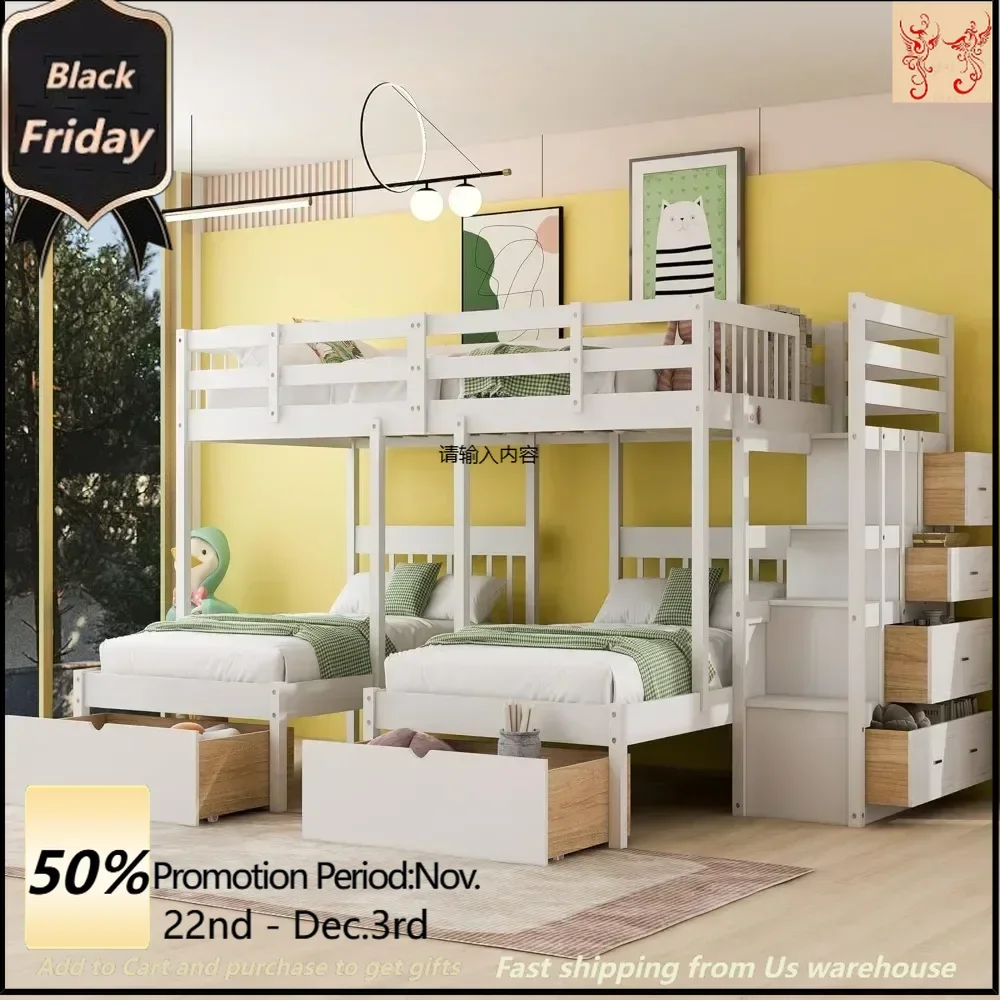 Bunk bed with 7 drawers, triple bunk bed with guardrail and step handrails, suitable for families, no need for a box spring