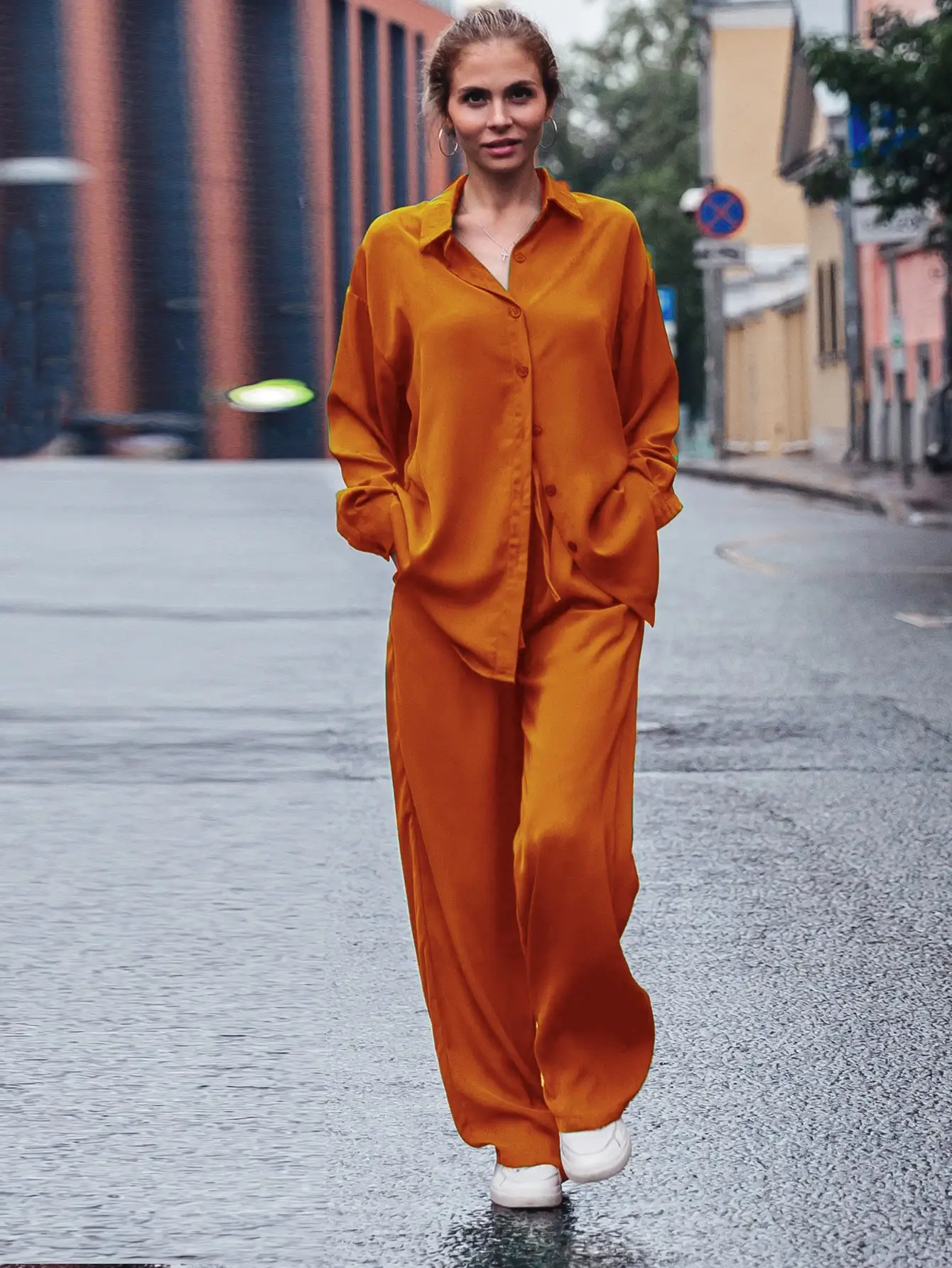 

2024 Spring Women Sets Tracksuits Orange Pants Set Streetwear Shirts