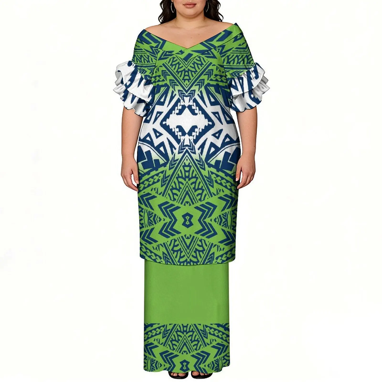 Divide The Dress Into Sections Polynesia Lotus Sleeves Two-Piece Floor-Length Dress 3d Printed Pattern Puletasi