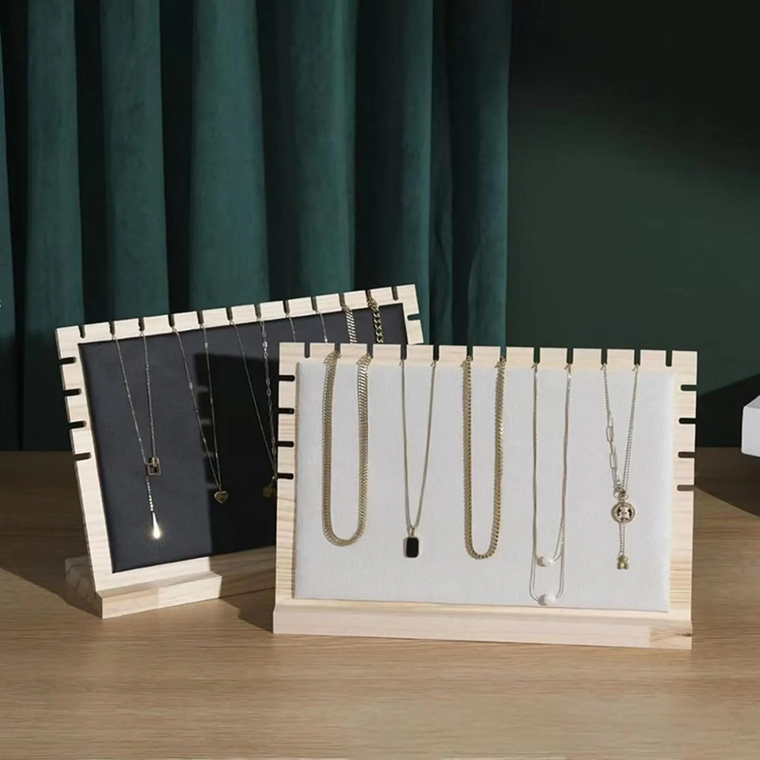 حامل عرض قلادة من الخيزران الإبداعي مع حصيرة جلدية - منظم مجوهرات من الخشب الصلب لعرض بيع متجر المنزل/المتجر #3