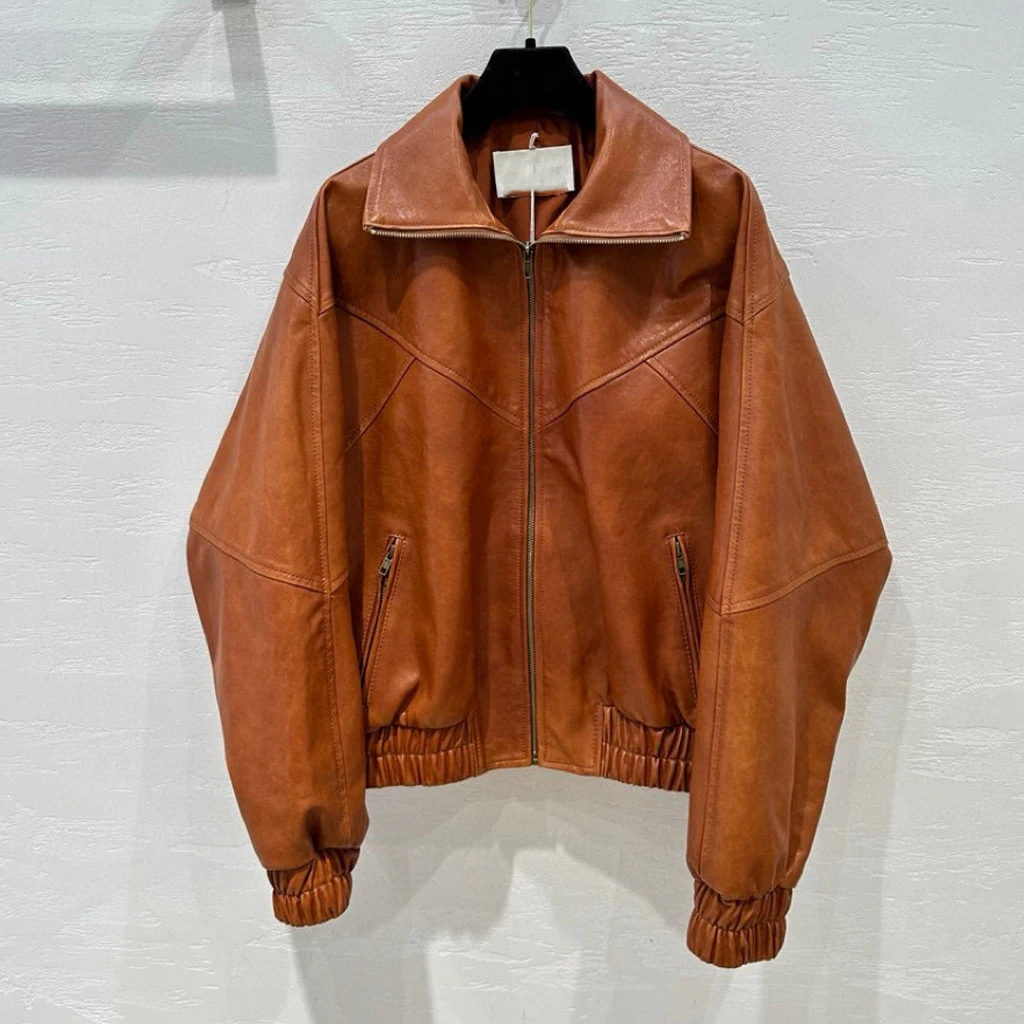 2024 Autumn 100% Real Leather Lambskin Women Oversize Jacket Coat Retro BF Style Female Imported Sheepskin Motorcycle Jackets