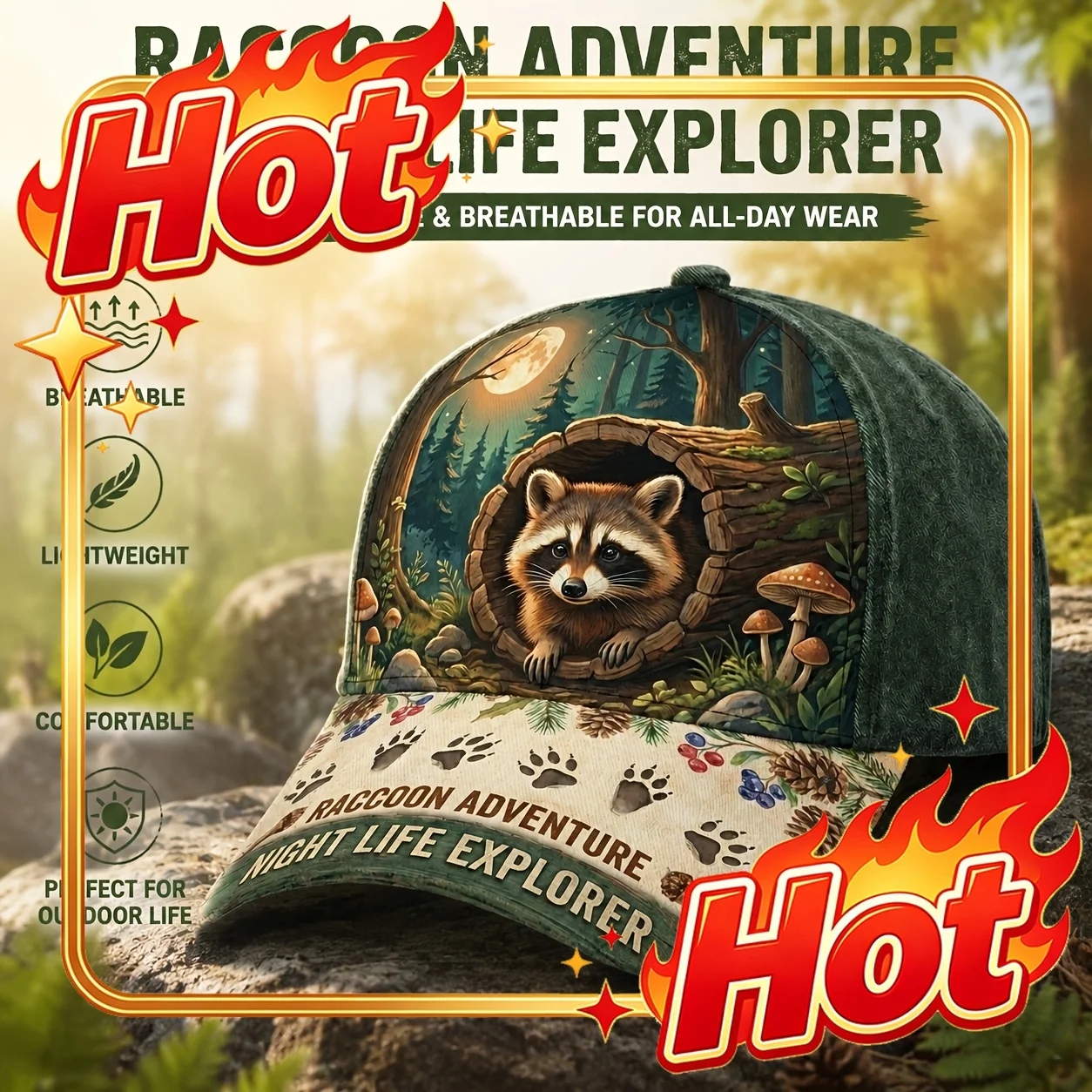 Custom Raccoon Adventure Baseball Cap, 