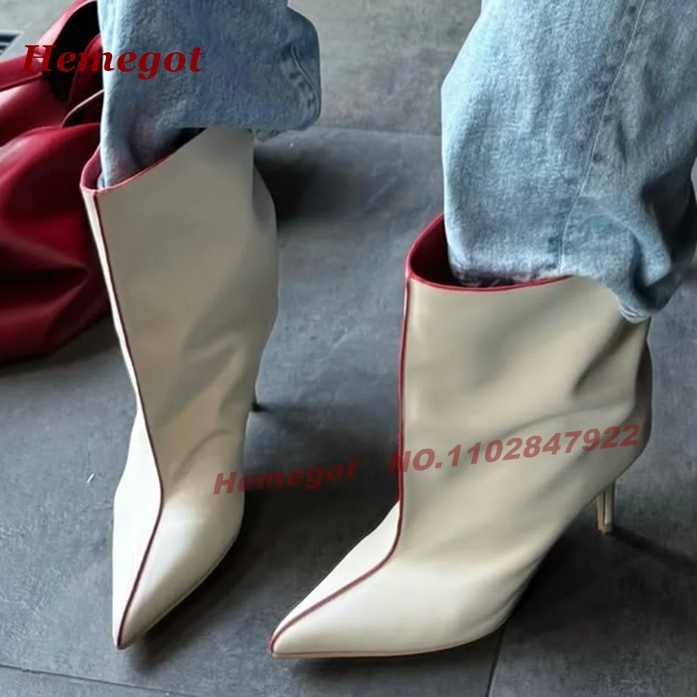 White Red Contrast Ankle Boots Pointed Toe Kitten Heels Splicing Women's Mid Boots Slip On Winter Casual Shoes Concise 2027 New