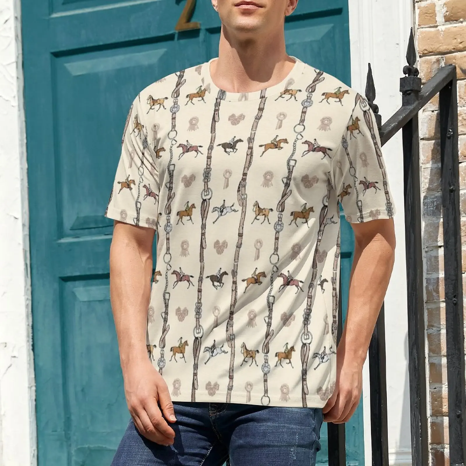 Summer T Shirt Elegant Horse Riders Belts Bows on Beige T Shirts  Awesome Trendy Tee Shirt For Men Short-Sleeve Big Size Clothes