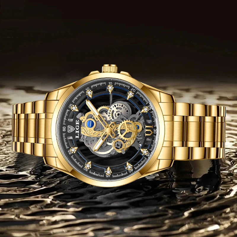 2026 LIGE Gold Hollow Skeleton Men Watch Waterproof Diamond Quartz Wristwatch Business Luminous Male Clock Relogios Masculino