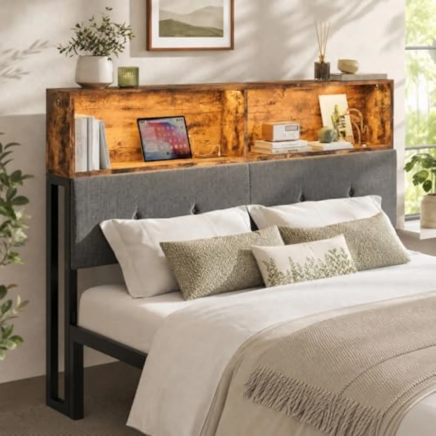 Queen Headboard Only, Upholstered Head Board with Storage Shelf | Built-in LED Light & Charging Station, Sturdy &