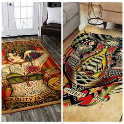 Personalized Old School Tattoo Girl Flannel Floor Rugs Customized Carpet Polyester For Living Room Bedroom