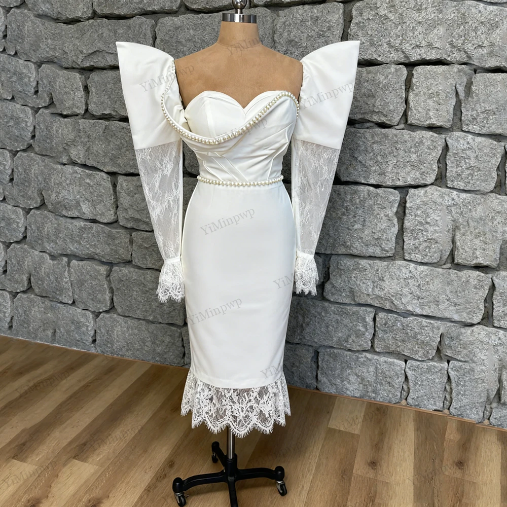 

Civil Wedding Dress Long Sleeve Applique Pearls Sweetheart Lace African Bride Gowns For Women Ankle Length Mermiad Customized