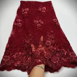 High Quality Wine African Handmade Beads Lace Fabirc 2025 Sequins Embroidery Nigreian Lace Fabric For Wedding Dress LWH23107A