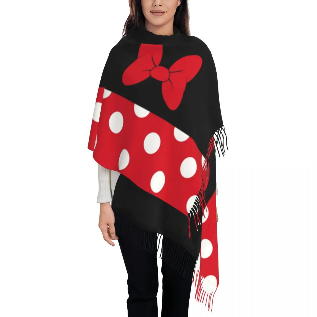 Cartoon Minnie Scarf Wrap for Women Long Winter Warm Tassel Shawl Unisex Animated Polkadots Scarves