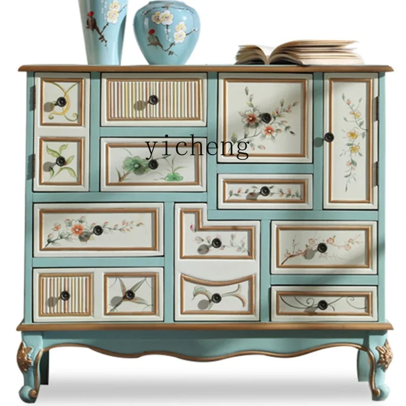 ZC Chest of Drawers Mediterranean Retro Distressed Paint Flower Sideboard Cabinet Living Room Locker Multi-Grid Storage Cabinet