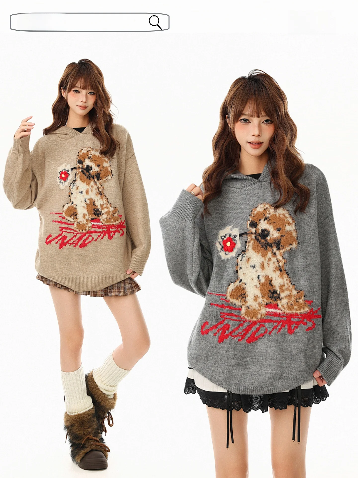 

Boeax American High Street Dog Pattern Hooded Knitwear Vintage Winter New Sle Women's Long Sve Warm Casual Faionable S...