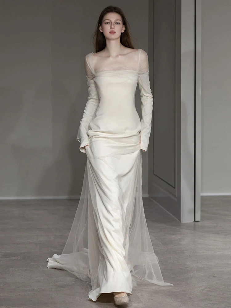 

Ele White One-oulder Evening Gown for Wedding Parties Host Luxury Faionable Long Sve Mid-Waist Korean Sle