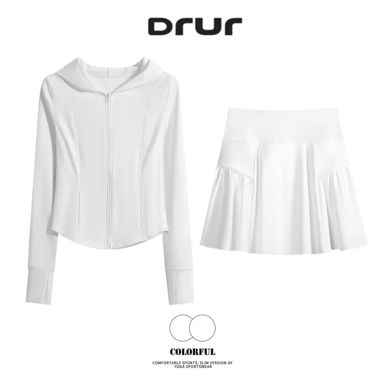 DRUR 2 Piece Tennis Skirts For Women With Long Sleeve Sports Jacket And Pleated Mini Skirt Set Lady Golf Yoga Outfits Streetwear