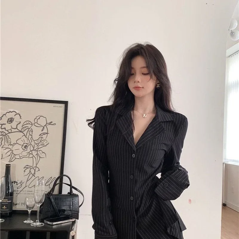 

Black Striped Long Sleeve Shirt Women Elegant Slim Fit Casual Tunic Top