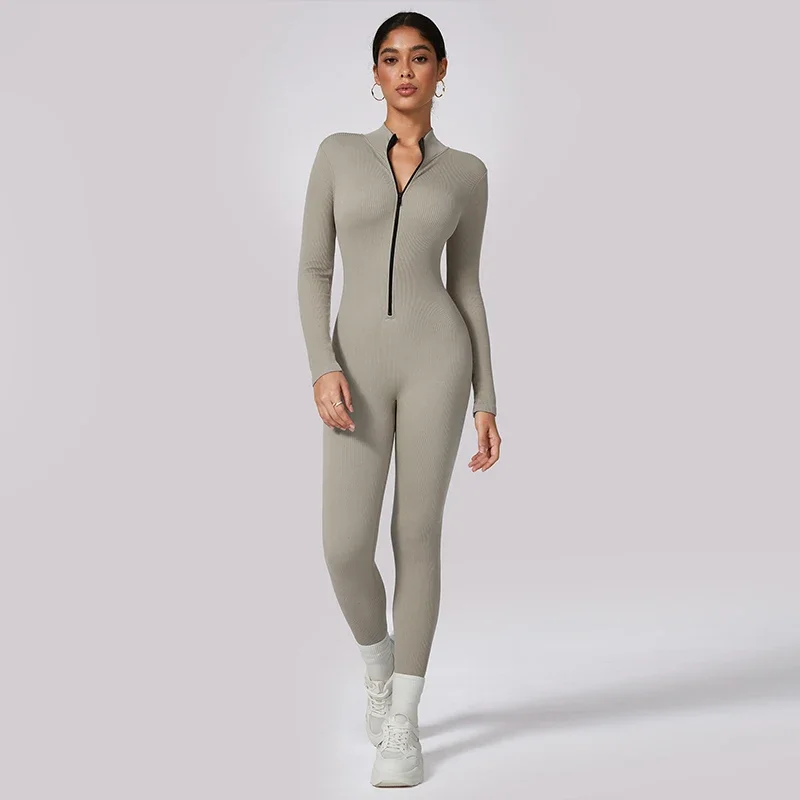 Ribbed Gym Jumpsuits Zipper Sport Romper Longsleeve Fitness Jumpsuit Ladies Workout Overalls Sportwear One Piece Suit