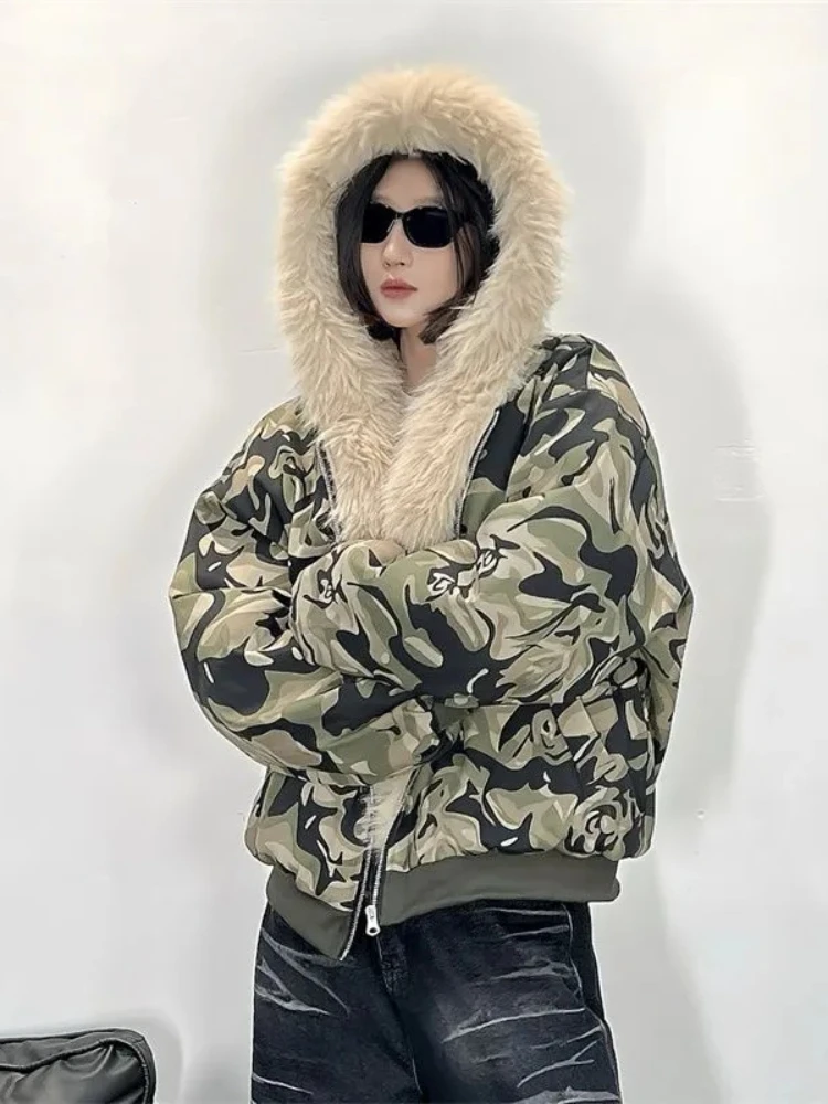 للجنسين الشتاء التمويه قماش الفراء طوق معطف شيربا اصطف المتضخم البخاخ مقنعين سترة زوجين مطابقة الشارع القطن سترات #4
