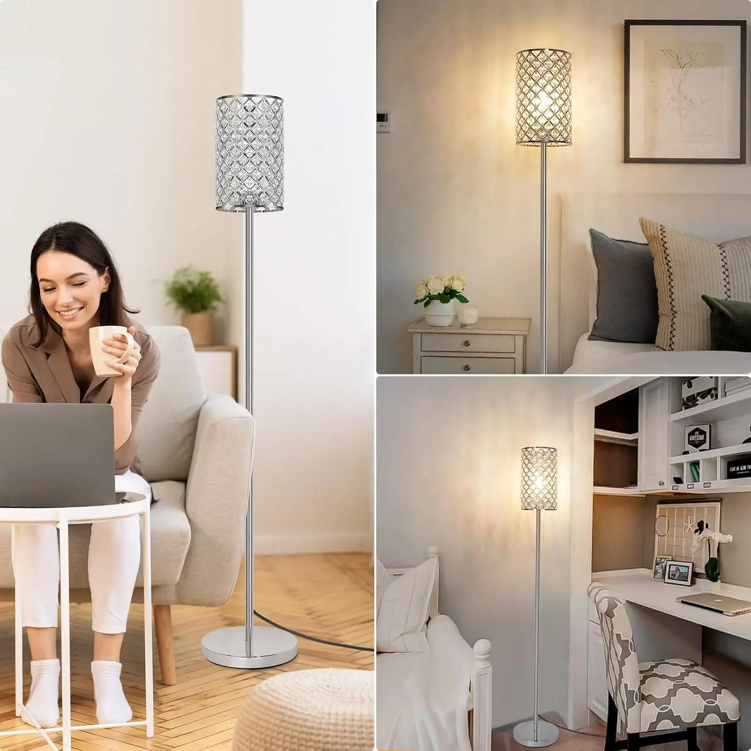 Candeeiro de pé moderno de cristal com LED, abajur elegante e interruptor de pé para sala de estar, quarto, escritório