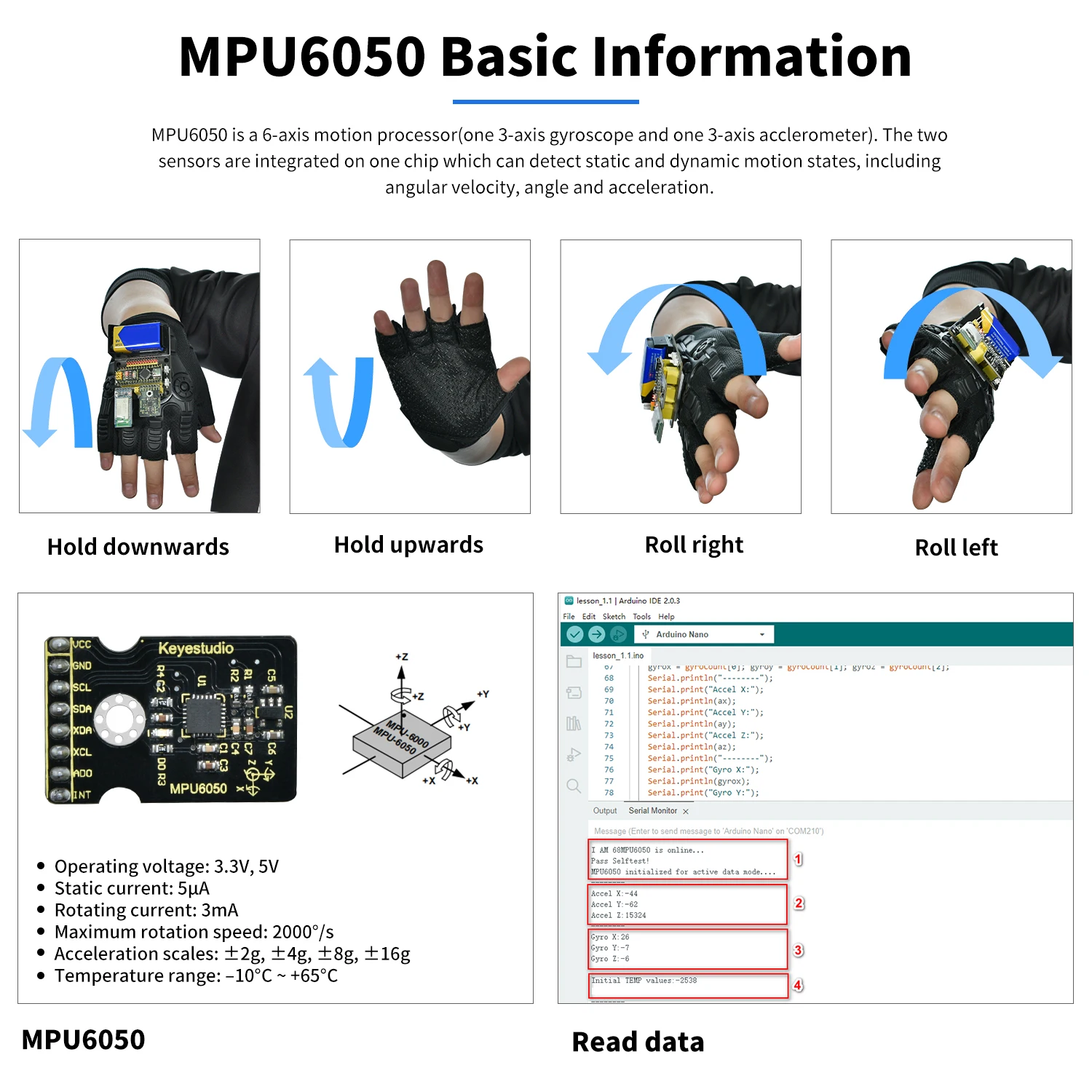 KEYESTUDIO Bluetooth LED Control Motion Sensing Glove Gesture MPU6050 Sensor Kit For Arduino Robot/Robot Arm Device Control