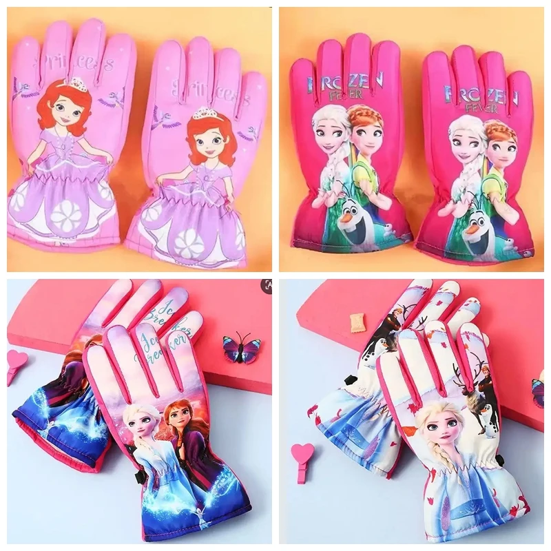 

Зимние детские теплые перчатки для мальчиков и девочек с мультяшным принтом Эльзы из «Холодного сердца», водонепроницаемые, для игр в снегу и катания, с полными пальцами