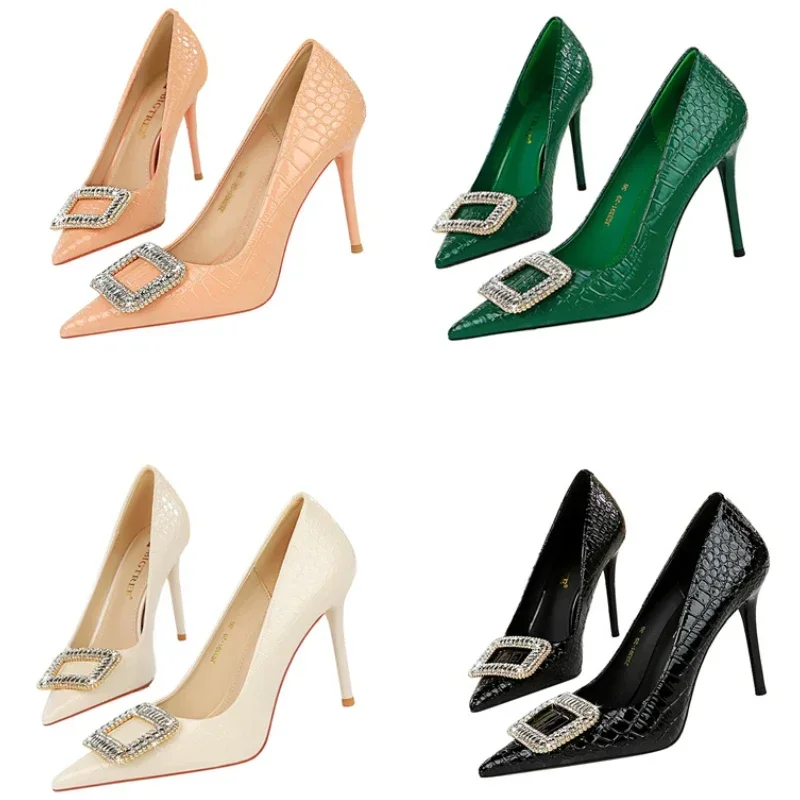 New Women 10cm Super High Heels Patent Leather Work Socialite Pumps Rhinestone Buckle Green Nude Fashion Serpentine Career Shoes