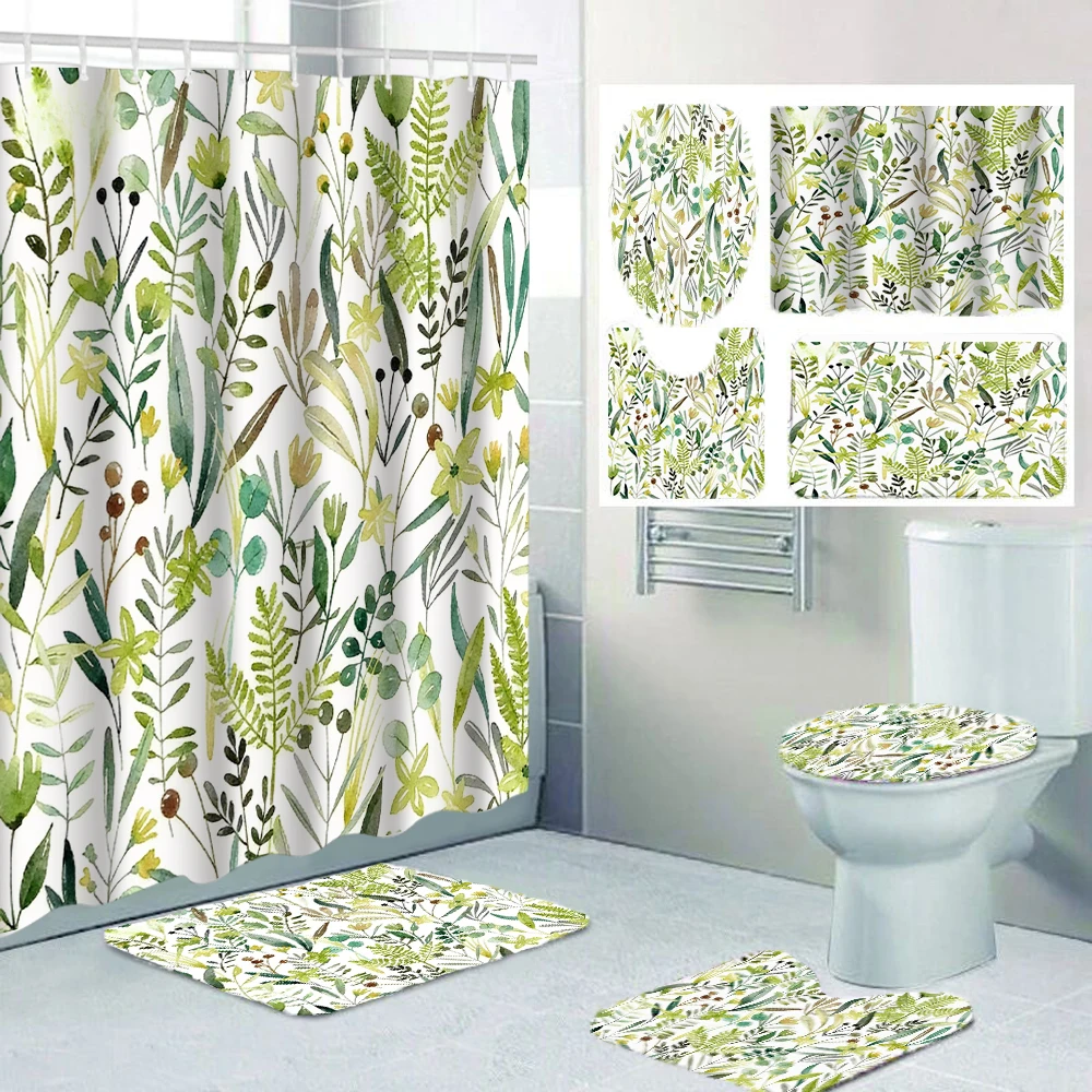 

Занавеска для душа с зелеными листьями, 4/1, декор для унитаза, занавеска для душа с ковриком и крышкой для унитаза, размер 70,8x70,8 дюймов